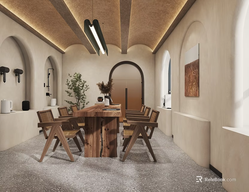 Modern Specialty Store Interior With Wooden Table Arch Design And Potted Plant 3d model 