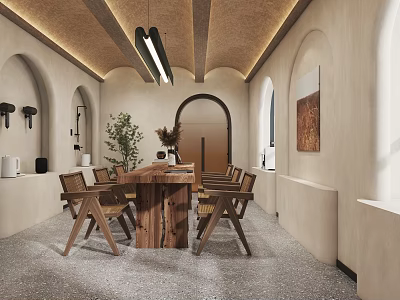 Modern Specialty Store Interior With Wooden Table Arch Design And Potted Plant 3d model