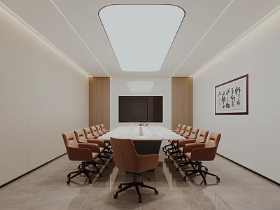 Modern Conference Room With Long Table Brown Chairs Ceiling Light And Calligraphy Painting 3d model