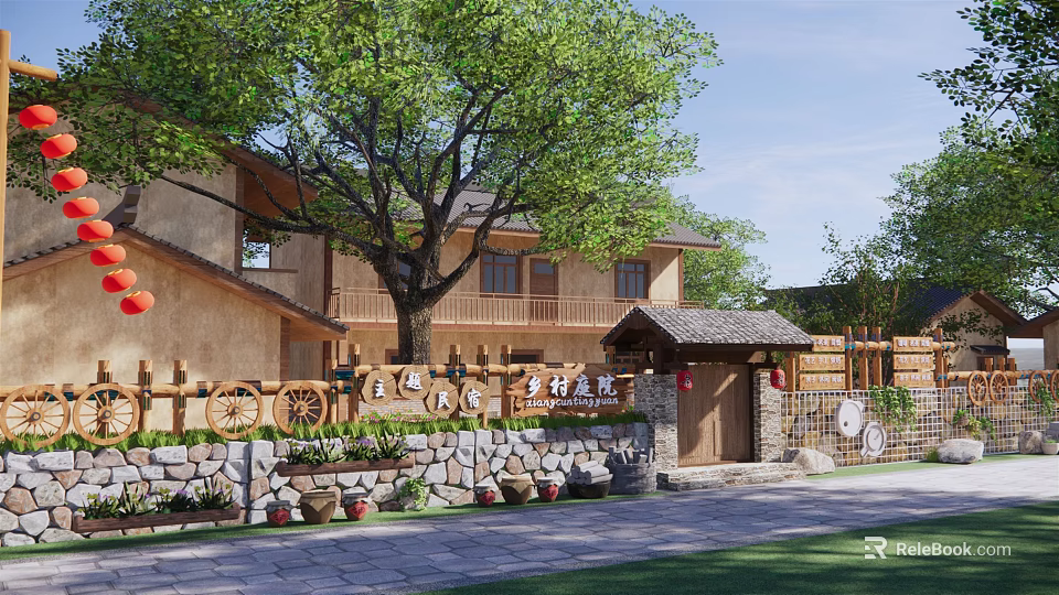 Traditional Rural Self Built House Courtyard With Wooden Structure Stone Wall And Trees 3d model 