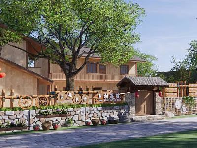 Traditional Rural Self Built House Courtyard With Wooden Structure Stone Wall And Trees 3d model