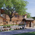 Traditional Rural Self Built House Courtyard With Wooden Structure Stone Wall And Trees