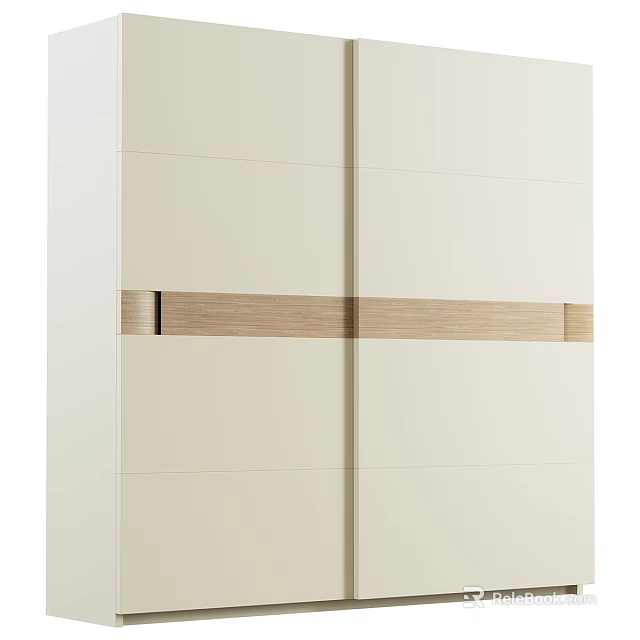 Modern White Wardrobe With Wooden Decorative Strip And Sliding Doors Design 3d model 