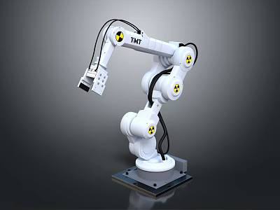 White Industrial Robotic Arm Featuring Yellow Warning Signs And Black Base 3d model