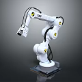 White Industrial Robotic Arm Featuring Yellow Warning Signs And Black Base 3d model
