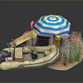 Inflatable Boat Scene With Blue And White Striped Umbrella And Flamingo Decor