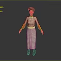 Elderly Female Game Movie Character In White Dress With Red Sleeves And Gray Hair