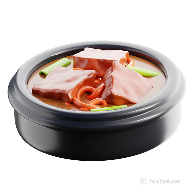 Delicious Red Soup With Tofu Squid And Green Onions In Black Bowl 3d model 