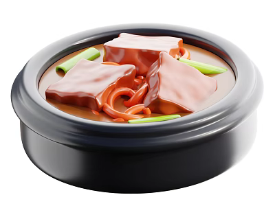 Delicious Red Soup With Tofu Squid And Green Onions In Black Bowl 3d model
