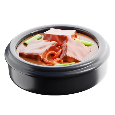 Delicious Red Soup With Tofu Squid And Green Onions In Black Bowl 3d model