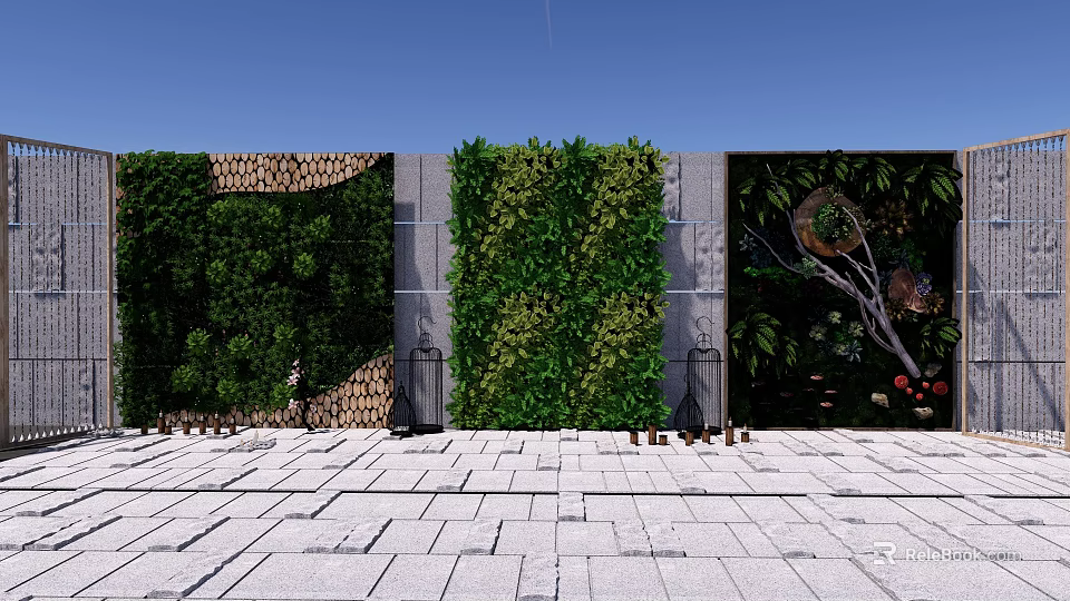 Garden Landscape Featuring Vertical Green Walls Gray Stone Slab Floor And Decorative Lanterns 3d model 