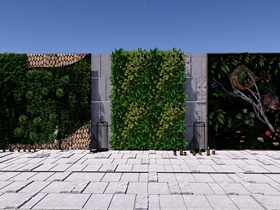 Garden Landscape Featuring Vertical Green Walls Gray Stone Slab Floor And Decorative Lanterns 3d model