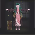 Traditional Kimono Girl Character With Floating Stars And Small Creature Figure