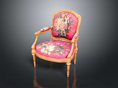 Classical Single Chair With Pink Floral Upholstery And Carved Wooden Frame 3d model