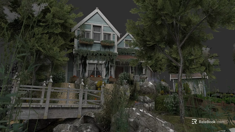 Wooden And Stone Elements In Charming House Landscape With Bridge Trees And Plants 3d model 