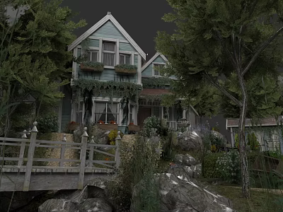 Wooden And Stone Elements In Charming House Landscape With Bridge Trees And Plants 3d model