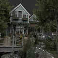 Wooden And Stone Elements In Charming House Landscape With Bridge Trees And Plants