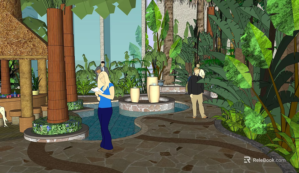 Tropical Garden Landscape with Palm Trees Circular Fountain Stone Paved Path and People Walking 3d model 