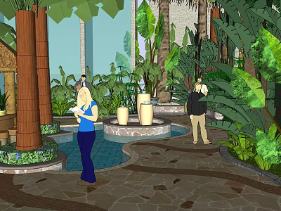 Tropical Garden Landscape with Palm Trees Circular Fountain Stone Paved Path and People Walking 3d model