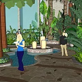 Tropical Garden Landscape with Palm Trees Circular Fountain Stone Paved Path and People Walking