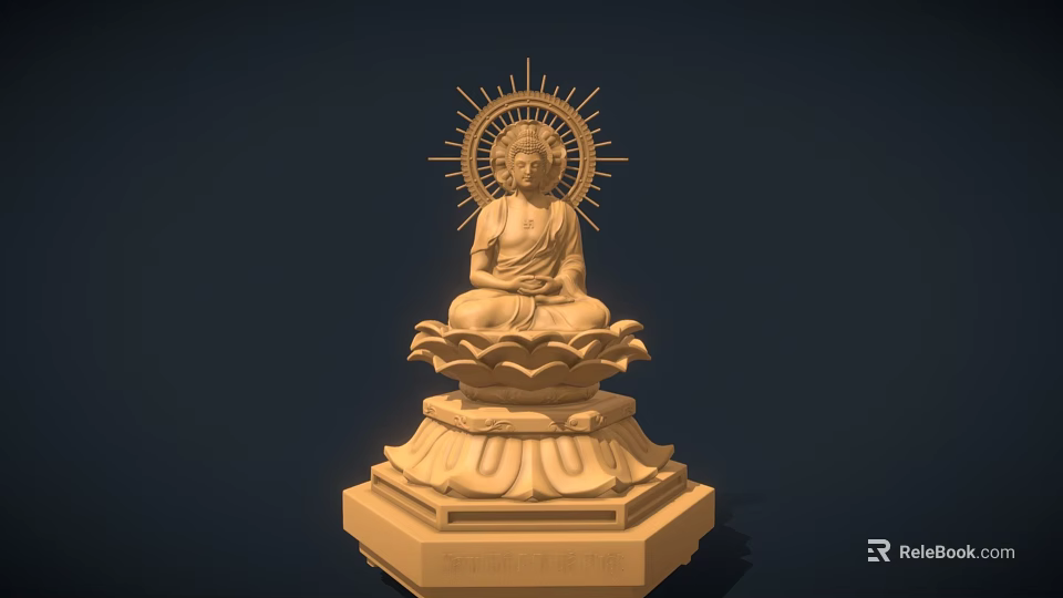 Exquisite Buddha Sculpture Carving in Sitting Posture with Lotus Pedestal and Rayed Halo 3d model 