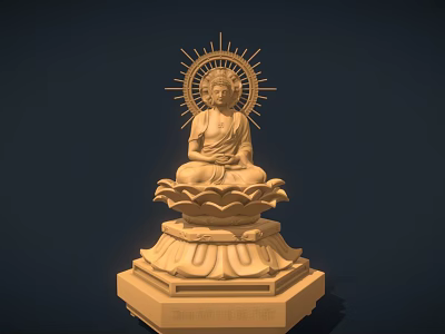 Exquisite Buddha Sculpture Carving in Sitting Posture with Lotus Pedestal and Rayed Halo 3d model