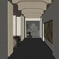 Elegant Hotel Corridor Interior With Large Landscape Painting Wooden Lattice Ceiling And Marble Walls