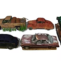 Several Old Rusty Abandoned Cars With Damaged Bodies And Overgrown Grass