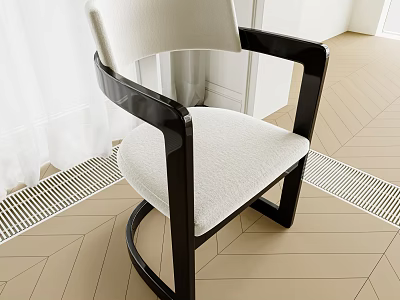 Modern Single Chair With Black Armrests And Beige Fabric Seat On Wooden Herringbone Floor 3d model