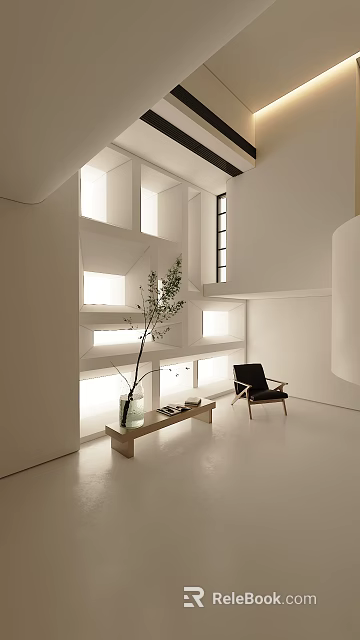 Duplex Living Room With White Walls Layered Shelving Black Armchair Wooden Bench Green Plant 3d model 