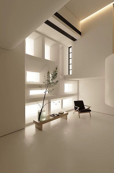 Duplex Living Room With White Walls Layered Shelving Black Armchair Wooden Bench Green Plant 3d model