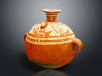 Classic Ceramic Vessel Featuring Orange And White Intricate Patterns With Two Handles And Neck Design 3d model