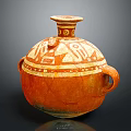 Classic Ceramic Vessel Featuring Orange And White Intricate Patterns With Two Handles And Neck Design 3d model