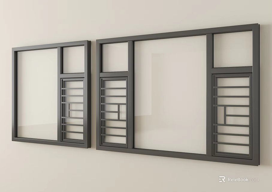 Modern Casement Windows With Black Frames Grid Pattern And Glass Panels 3d model 