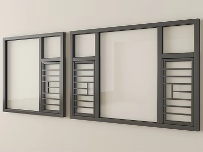 Modern Casement Windows With Black Frames Grid Pattern And Glass Panels 3d model
