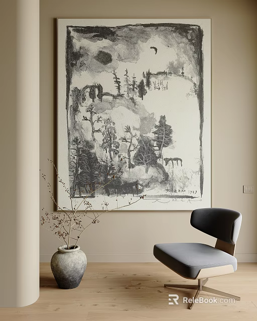 Black and White Abstract Painting Natural Landscape Indoor Wall Art With Modern Chair and Vase 3d model 