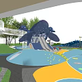 Kids Play Area Design With Net Stairs Blue Canopies Colorful Flooring And Green Plant