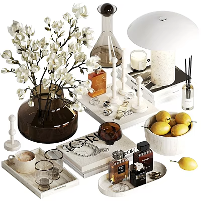 Stylish Decorative Ornament Set With Flower Bouquet Vase Fragrance Candles Lemons And Coffee Cup 3d model