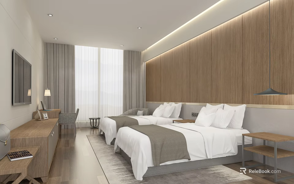 Modern Hotel Room Interior With Twin Beds Wooden Wall Paneling Large Window And White Bedding 3d model 
