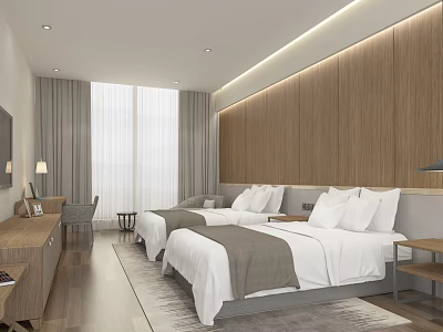 Modern Hotel Room Interior With Twin Beds Wooden Wall Paneling Large Window And White Bedding 3d model