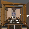 Japanese Style Restaurant Interior With Wooden Shoji Doors Dining Table And Pendant Light