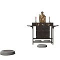 Modern House Interior Altar Table with Golden Deity Statue Red Candles and Cushions