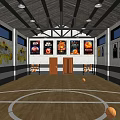 Indoor Basketball Court with Wooden Floor Hoops Basketballs Ceiling Beams and Wall Murals