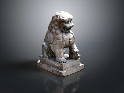 Ancient Traditional Stone Lion Sculpture With Ornate Carving And Stone Base 3d model