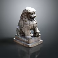 Ancient Traditional Stone Lion Sculpture With Ornate Carving And Stone Base