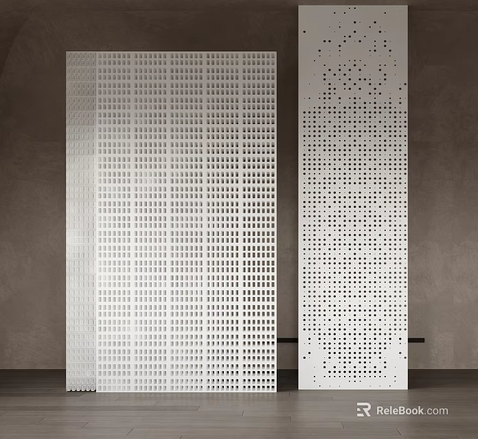 Stylish White Room Dividers Featuring Perforated Grid And Irregular Hole Designs For Modern Interior Spaces 3d model 
