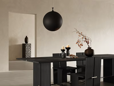Modern Black Dining Table Set with Chairs Hanging Pendant Light Candles and Decorative Vases 3d model