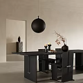 Modern Black Dining Table Set with Chairs Hanging Pendant Light Candles and Decorative Vases