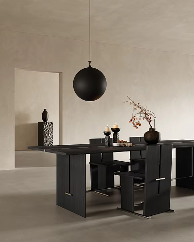 Modern Black Dining Table Set with Chairs Hanging Pendant Light Candles and Decorative Vases 3d model