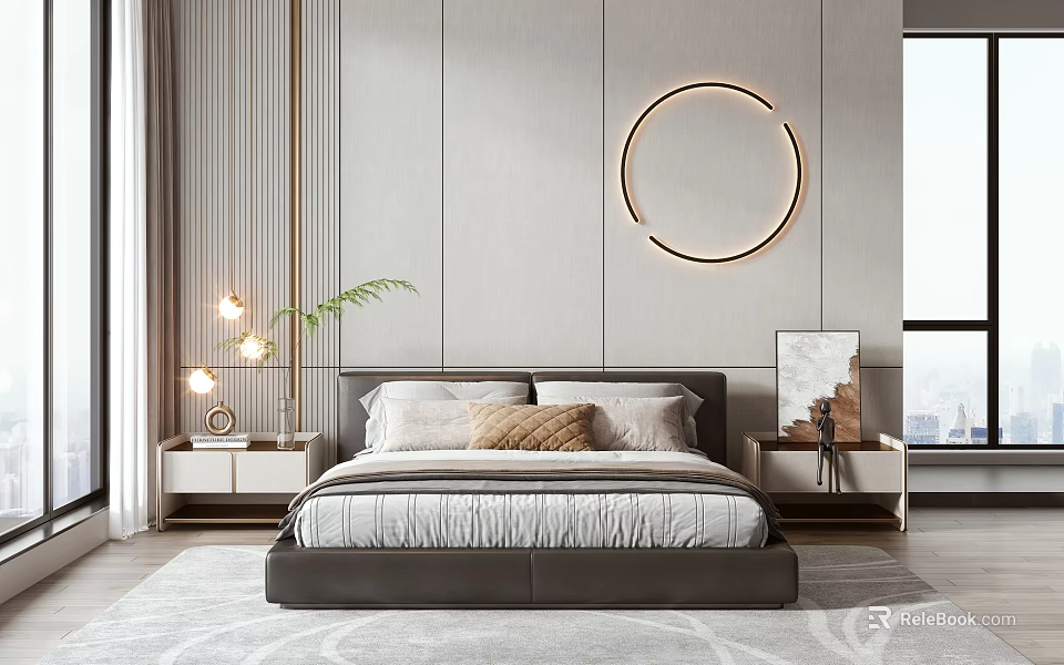 Double Bed In Modern Bedroom With Gray Headboard White Brown Pillows Nightstands Circular Ring Light 3d model 